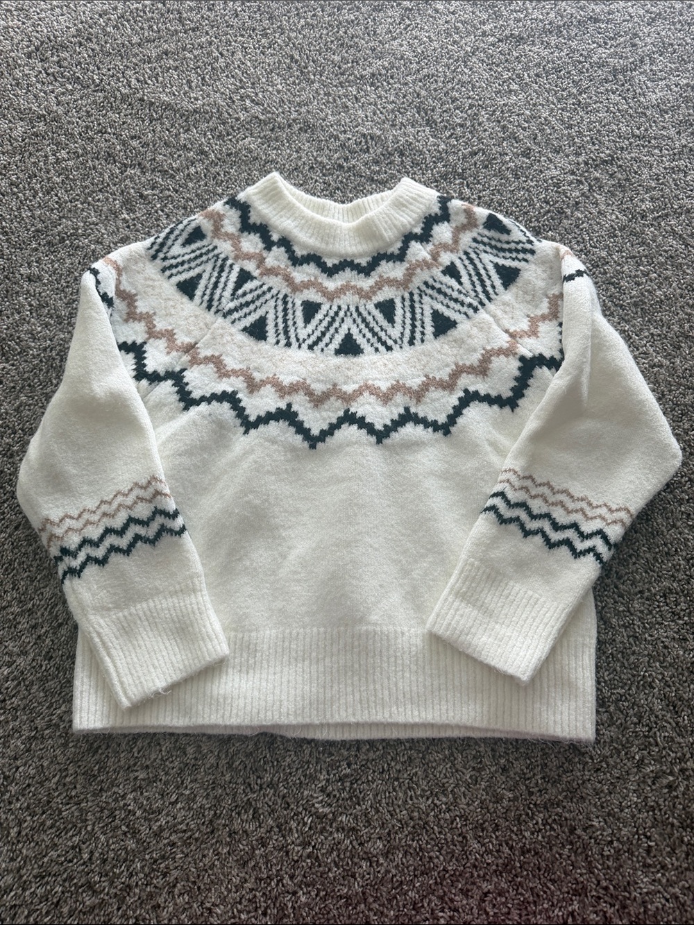 Altar'd State Ivory Fair Isle Crewneck Sweater with Black & Taupe Accents